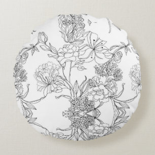 Svartvit Blommigt Rund Kudde