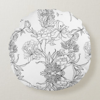 Svartvit Blommigt Rund Kudde