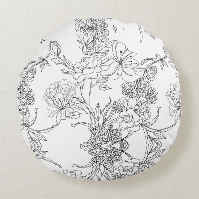 Svartvit Blommigt Rund Kudde (Framsidan)