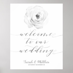 Svartvit Blommigt Silver välkommen till vår Bröllo Poster