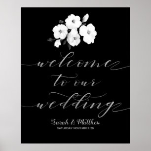 Svartvit Blommigt Silver välkommen till vår Bröllo Poster