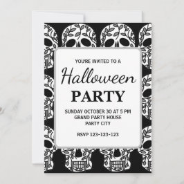 Svartvit Blommigt Skull Halloween fest Inbjudningar