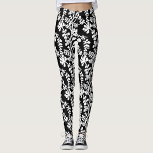 Svartvit Blommigt som repeterar Mönster Leggings
