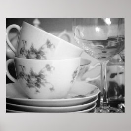 Svartvit Blommigt Tea Kopp & Goblets 16 x 20 Poster
