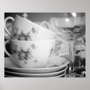 Svartvit Blommigt Tea Kopp & Goblets 16 x 20 Poster