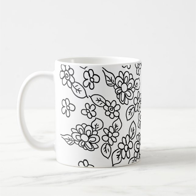 Svartvit blommigt teckning kaffemugg (Vänster)