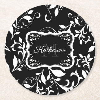 Svartvit Blommigt Underlägg Papper Rund