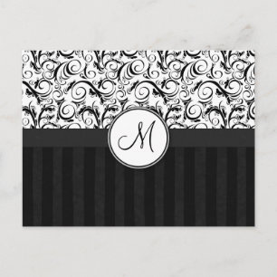 Svartvit Blommigt Wisps, Rand och Monogram Vykort
