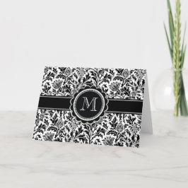 Svartvit blommönster för elegant Monogram Anteckningskort