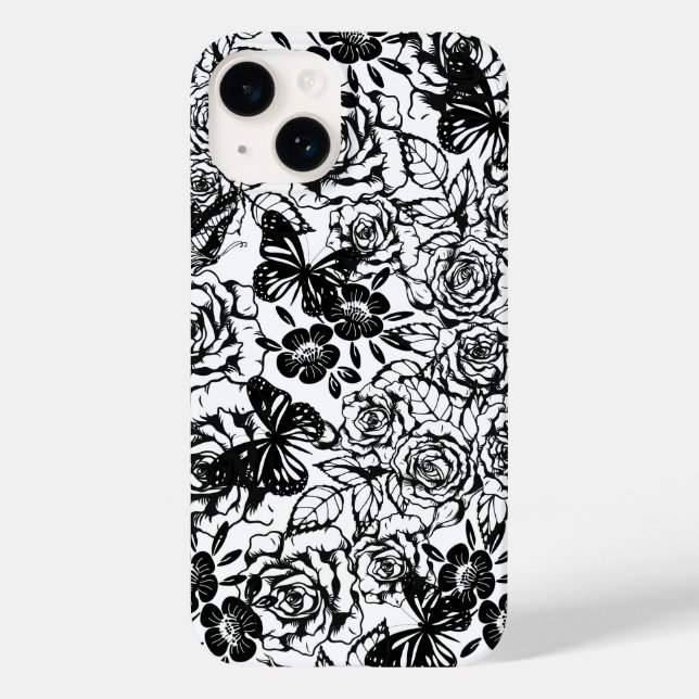 Svartvit blommönster iphone case (Baksida)