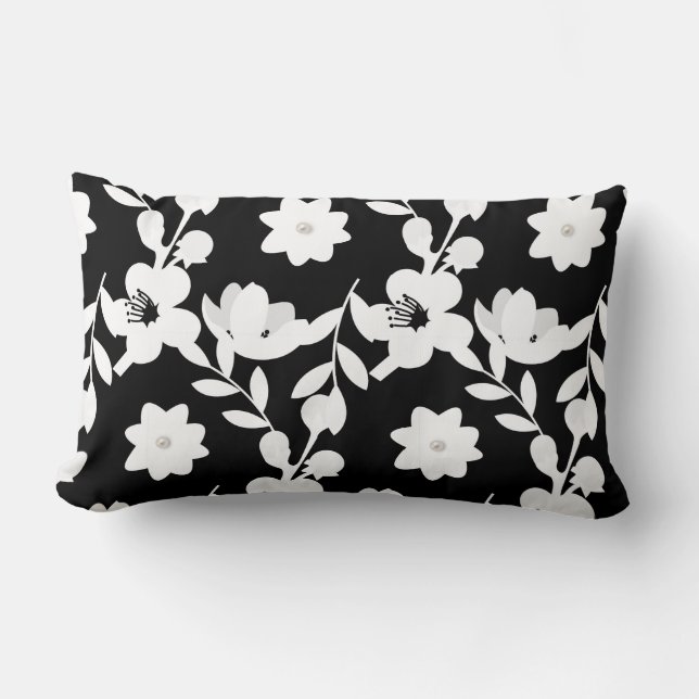 svartvit blommönster lumbarkudde (Framsida)