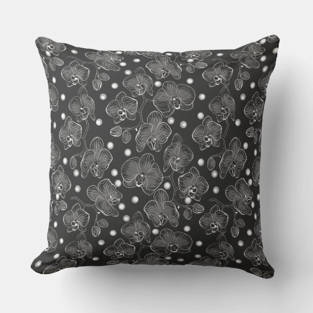 Svartvit blommönster med polka do kudde (Framsida)
