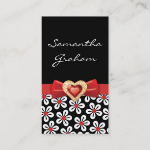 Svartvit blommönster med rött knä och juvel visitkort