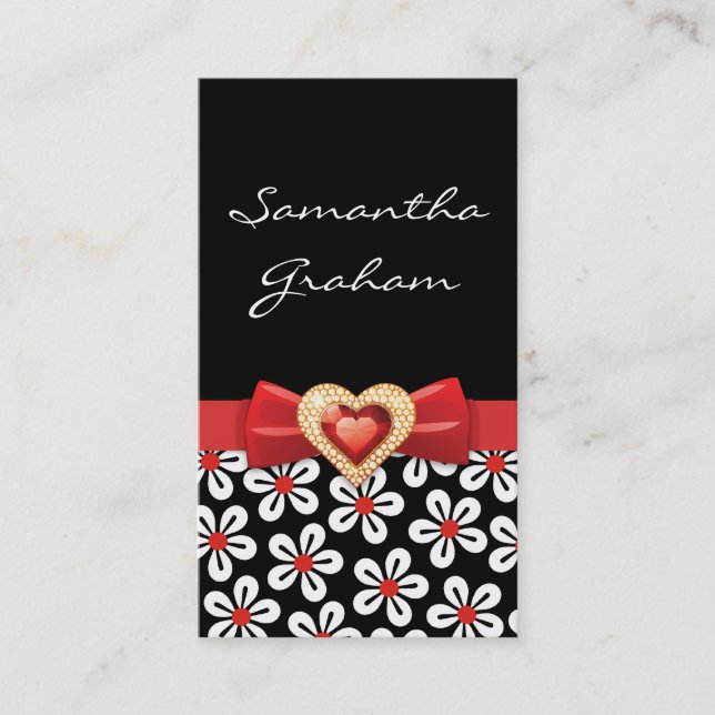 Svartvit blommönster med rött knä och juvel visitkort (Framsida)