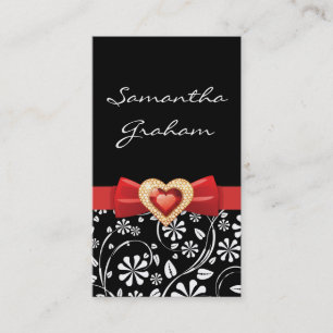 Svartvit blommönster med rött knä och juvel visitkort