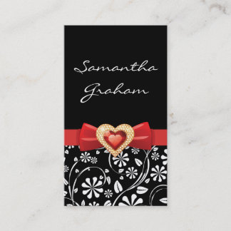 Svartvit blommönster med rött knä och juvel visitkort