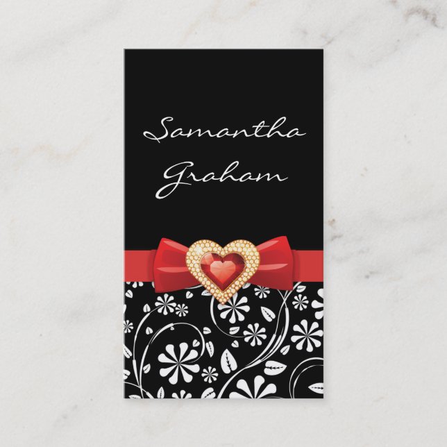 Svartvit blommönster med rött knä och juvel visitkort (Framsida)
