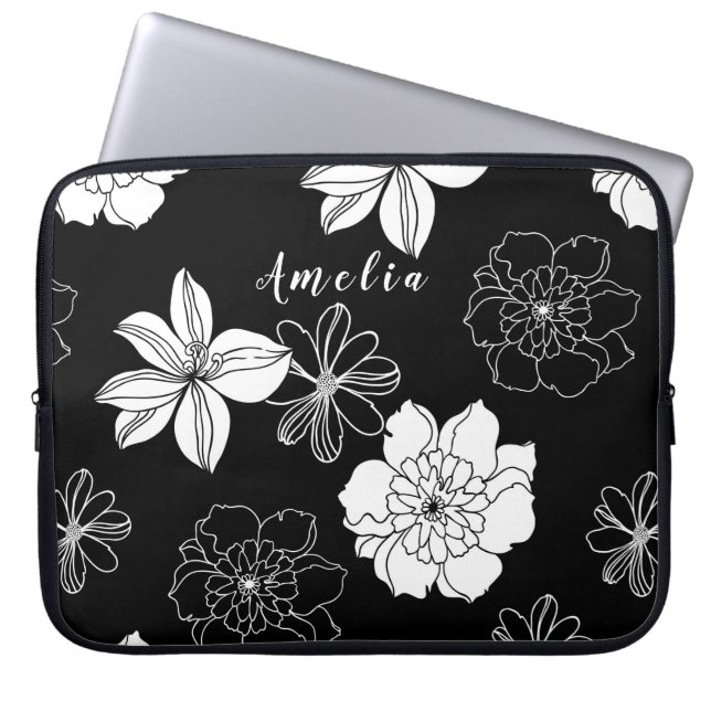 Svartvit, Blommönster Monogram Laptop Fodral (Framsidan)