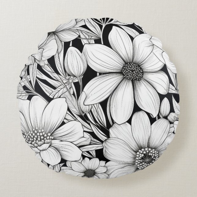 Svartvit, Blommönster Rund Kudde (Framsidan)