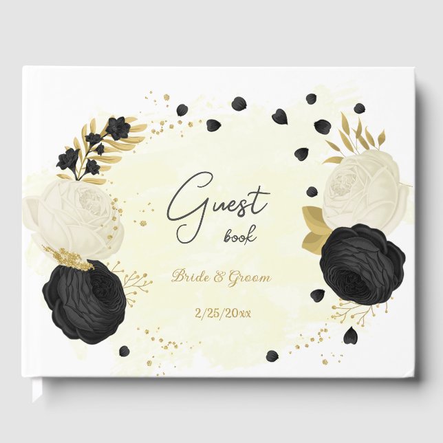 Svartvit blommor guld botaniska bröllop gästböcker (Framsida)