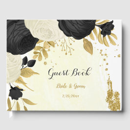 Svartvit blommor guld botaniska bröllop gästböcker