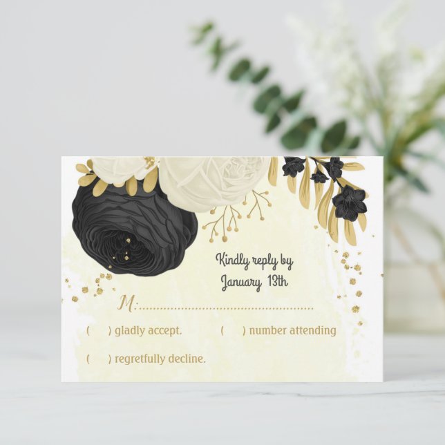 Svartvit blommor guld botaniska bröllop OSA kort (Stående Fram)