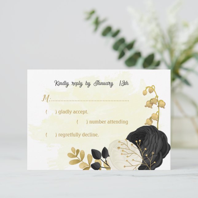 Svartvit blommor guld botaniska bröllop OSA kort (Stående Fram)
