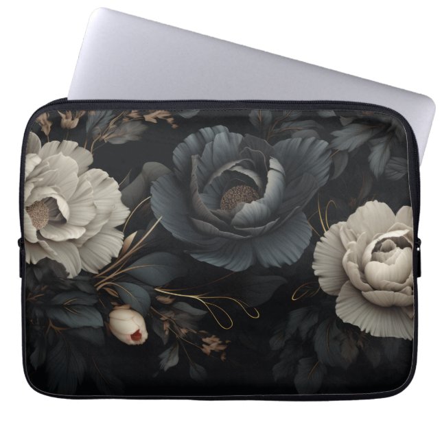Svartvit blommor laptop fodral (Framsidan)