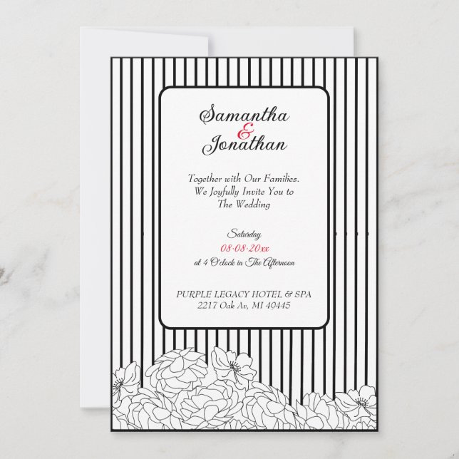 Svartvit blommor med Rand Bröllop Inbjudningar (Framsida)