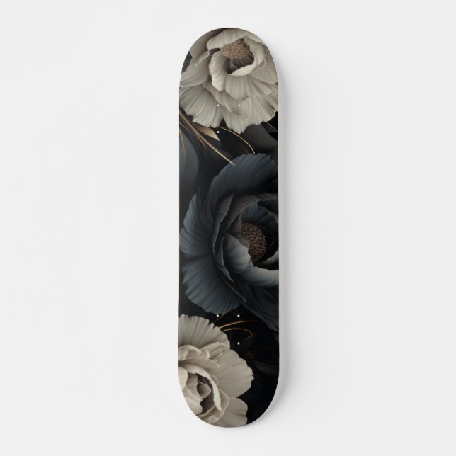 Svartvit blommor mini skateboard bräda 18,5 cm (Framsida)