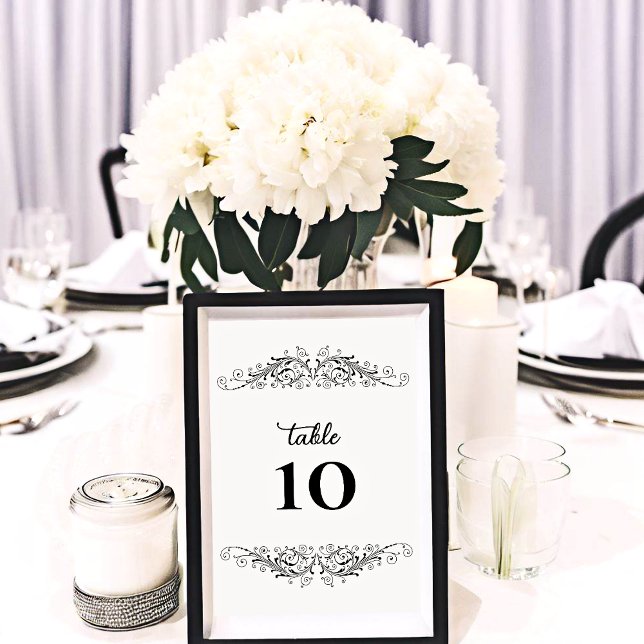 Svartvit blomning bordsnummer (Black and White Flourish Elegance table number card for number your wedding guest tables.)