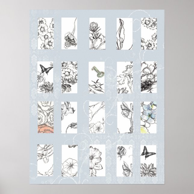 Svartvit blomning, Teckning Collage Grått Poster (Framsidan)