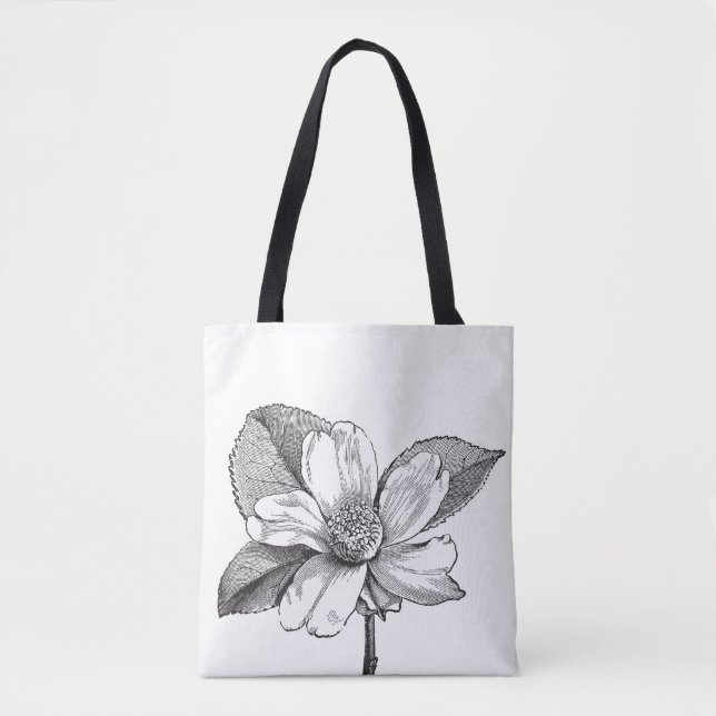 Svartvit blomsterförpackning tygkasse (Framsida)