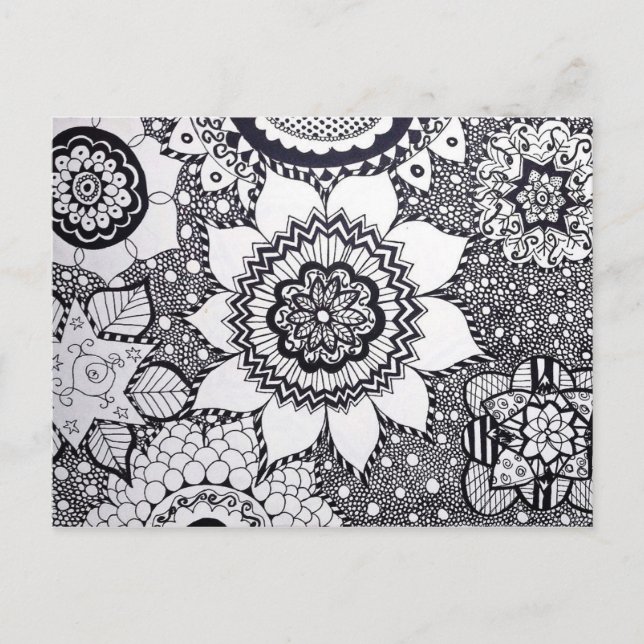 Svartvit blomstervykort för mandala vykort (Framsida)