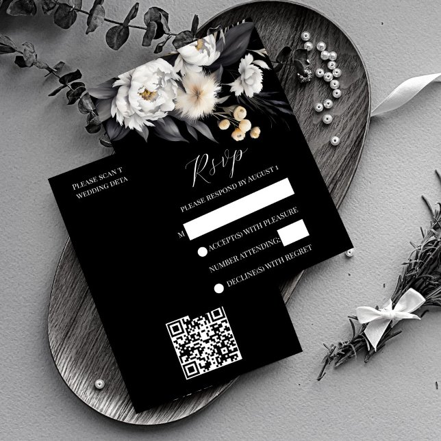 Svartvit boho bröllop OSA Kort (Black and white boho wedding rsvp card noir wedding invitation suite black rsvp card white peonies)