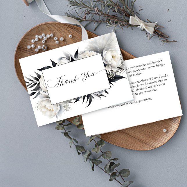 Svartvit boho elegant bröllop tack kort (Black and white boho flowers pampas grass elegant wedding thank you card)