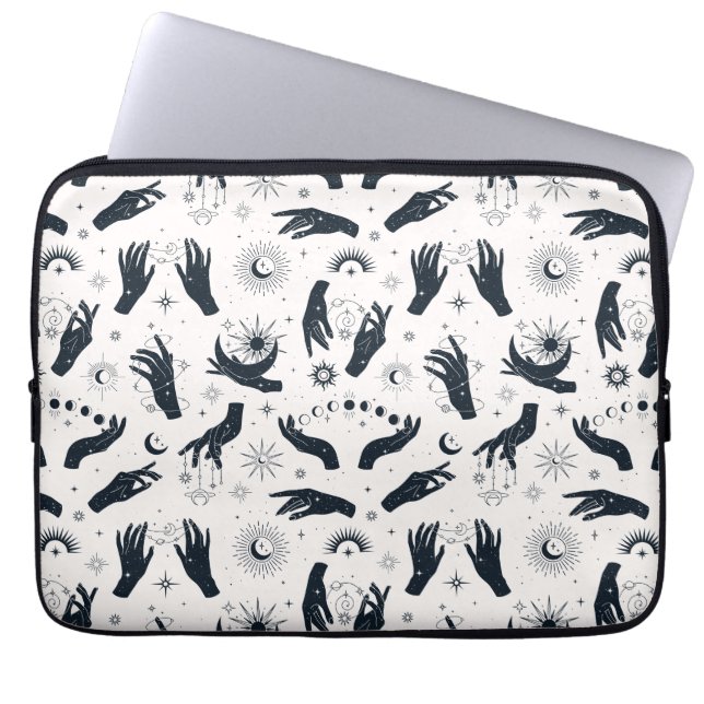 Svartvit Boho Måne mystisk hand Laptop Fodral (Framsidan)