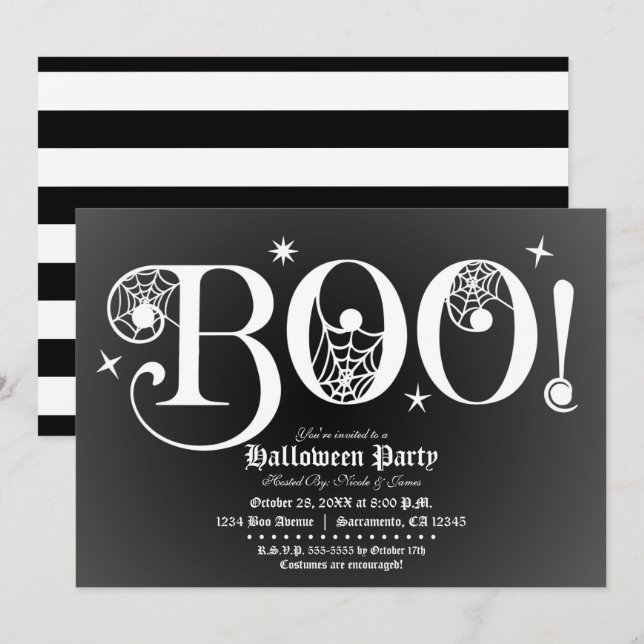Svartvit BOO Elegant Halloween fest Inbjudningar (Fram/baksida)