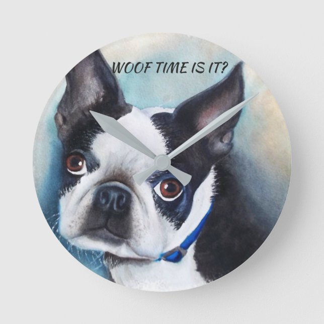 SVARTVIT BOSTON TERRIER RUND KLOCKA (Framsida)