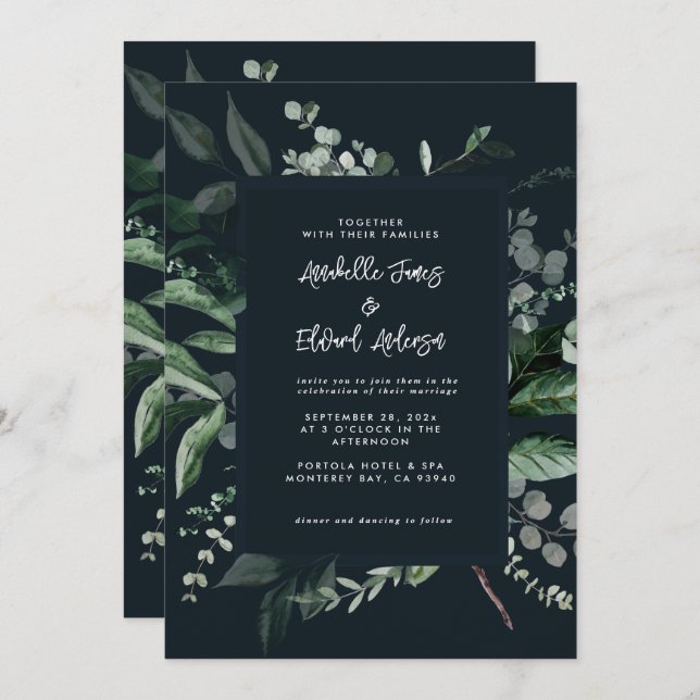 Svartvit botanisk blommigt elegant bröllop, QR Inbjudningar (Fram/baksida)