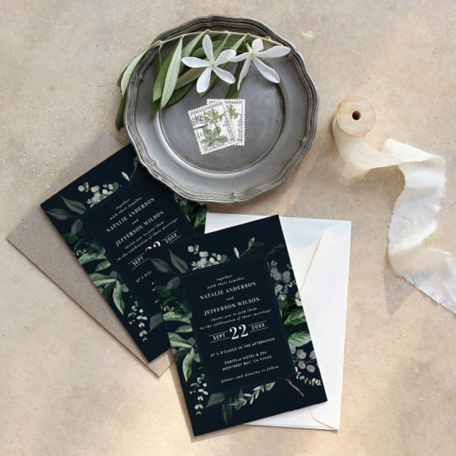 Svartvit botanisk blommigt elegant bröllop, QR Inbjudningar (Skapare uppladdad)