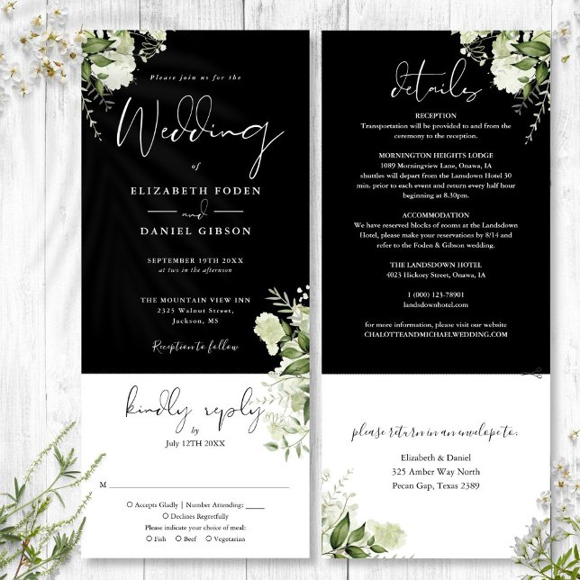 Svartvit botaniskt grönt allt på en Bröllop Inbjudningar (Black White Botanical Greenery All In One Wedding Invitation)