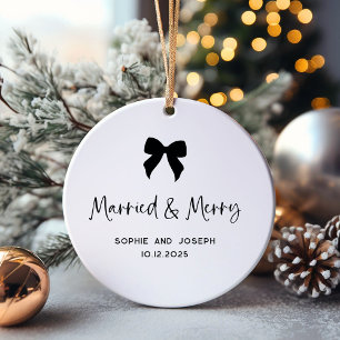 Svartvit Bow och foto gifta och Merry Julgransprydnad Keramik
