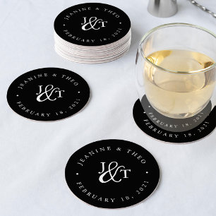 Svartvit Bröllop Monogram Underlägg Papper Rund