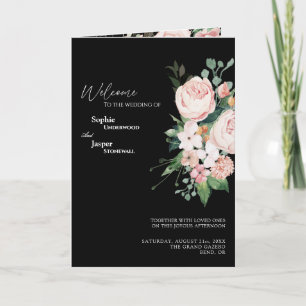 Svartvit Bröllop-program med Blommigt Program