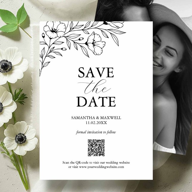Svartvit Bröllop spara datum med foto Spara Datumet (Black and white photo save the dates floral line art by Victoria Grigaliunas of Do Tell A Belle)