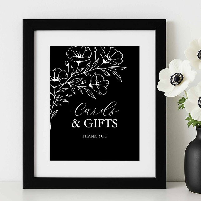 Svartvit Bröllopskort och gåvor Poster (black and white wedding signs cards and gifts floral line art Victoria Grigaliunas of Tell A Belle)