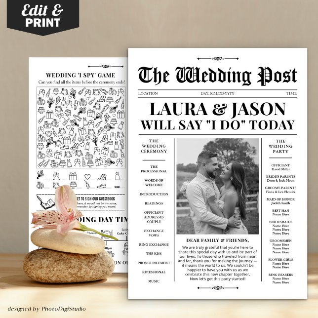 Svartvit Bröllopsprogram + Tidslinje - tidskrift Julkort (Black White Wedding Program + Timeline Newspaper)
