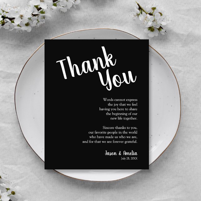 Svartvit bröllopsskylt tack kort (Black and White Wedding Reception Plate Thank You Cards)