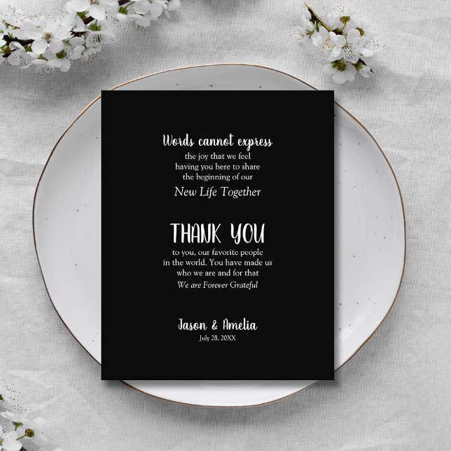 Svartvit bröllopsskylt tack kort (Black and White Wedding Reception Plate Thank You Cards)